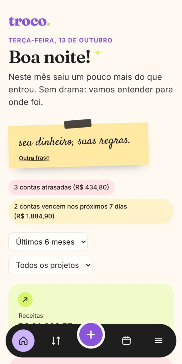 Tela inicial da troco. no celular (dados de exemplo)